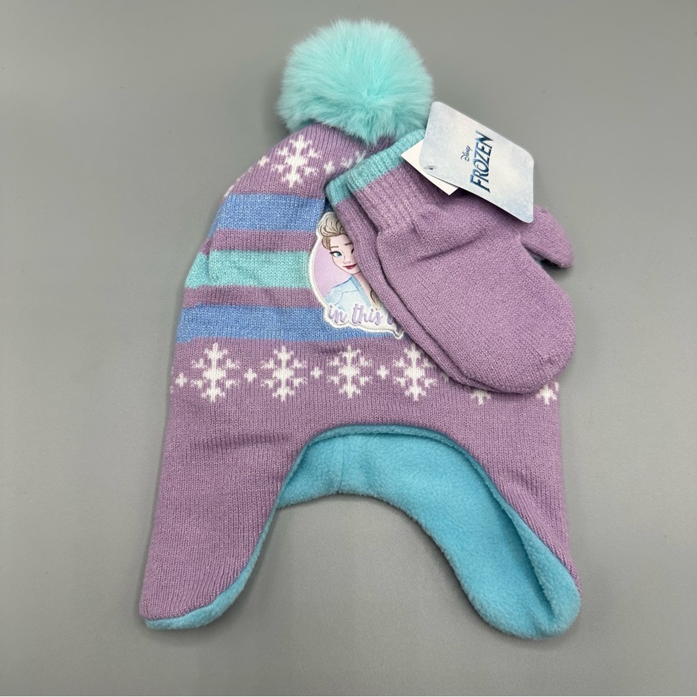 Disney Frozen Winter Hat and mittens Set Elsa and Anna One Size Purple Blue